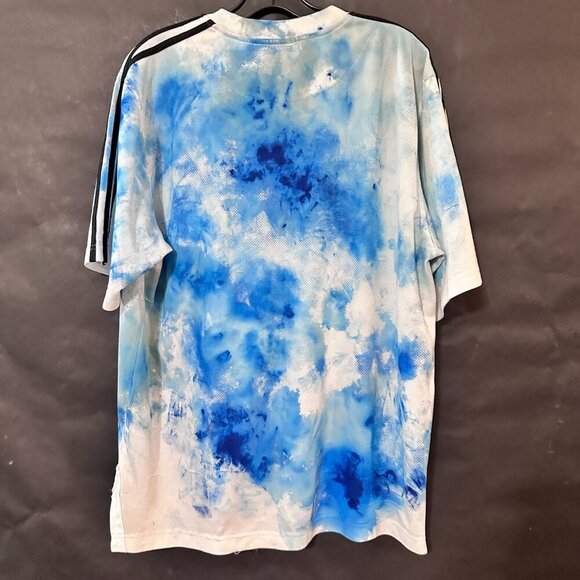 Adidas Sports Shirt XL 2XL Upcycled Blue White Watercolor Splatter Tie Dye Art - Picture 3 of 4